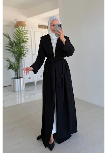 Sırt Detay Dökümlü Abaya - Siyah Siyah