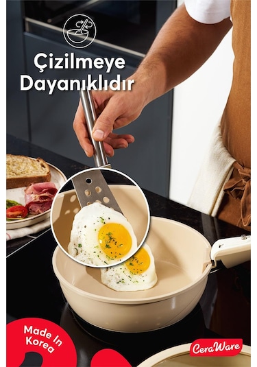 Ceraware Hona Daily 9 Parça Tak Çıkar Saplı Iç Içe Geçebilen Seramik Yapışmaz Tencere Tava Seti Bej