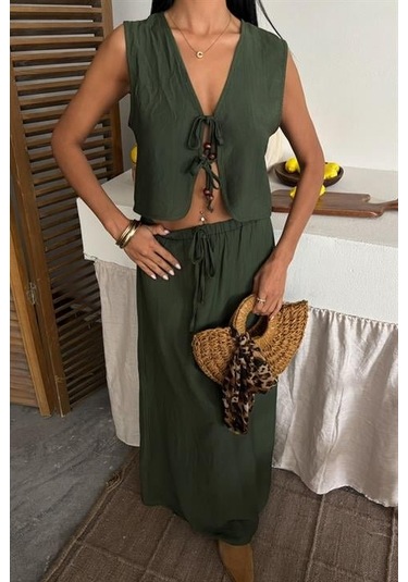 Yelek Önden Bağlamalı Uzun Etekli Takım 10192 Haki