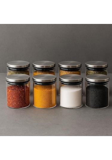 300 Ml 70 Mm X 100 Mm 8 Lı Borosilikat Cam Baharatlık Seti-sızdırmaz Sılıkonlu Metal Kapak Beyaz