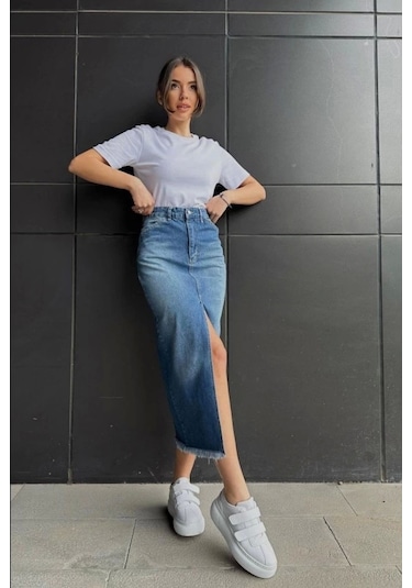 Mavi Yırtmaçlı Kot Etek Mavi