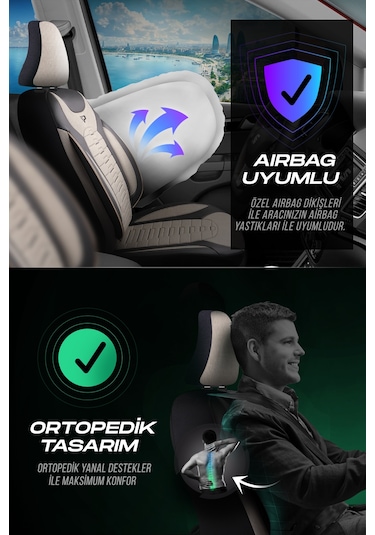 Bej - Siyah Panda Bakü Serısı Keten Kumaş Oto Koltuk Kılıfı - Tam Set