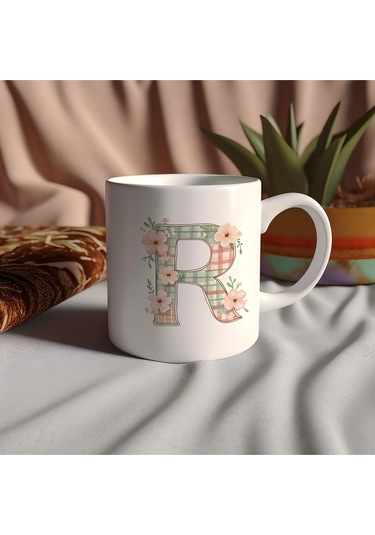 R Harfli Çiçek Desenli Kupa Bardak - Ekose Desenli Yeşil Pembe Desenli Tasarım - Kişiye Özel Hediye Beyaz