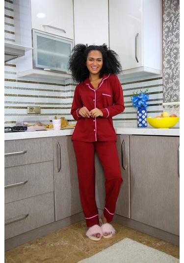 Akbeniz Kadın %100 Pamuk Penye Önden Düğmeli Uzun Kol Pijama Takım 2716 - 2XL Bordo