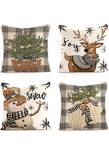 Konesam Noel Baskılı Kumaş Yastık Kılıfı - Kuzgun Ve Geyik Desenli, Ev Araba Koltuk Dekoru, Pamuklu 45x45 Cm, Tek Kılıf Ct196-3 Diğer