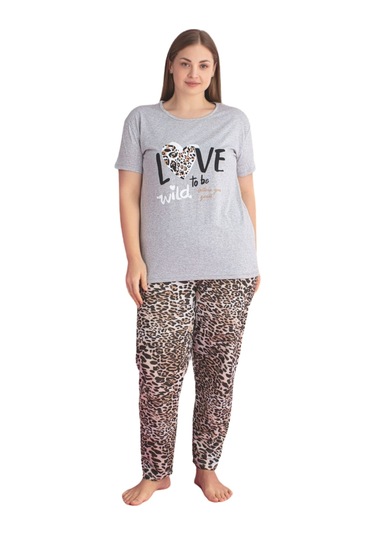 X-dreamy Büyük Beden Pamuklu Leopar Desenli Kısa Kollu Pijama Takımı Leopar