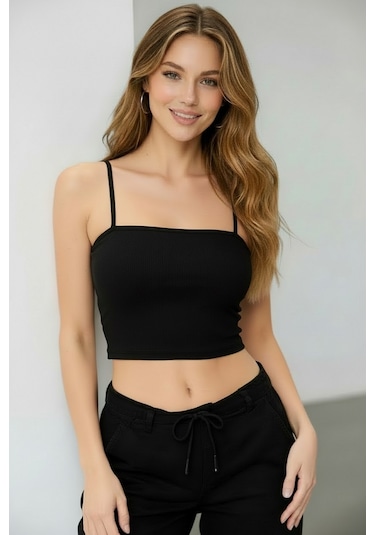 Fb Sister İp Askılı Fitted Fitilli Crop - Siyah Siyah