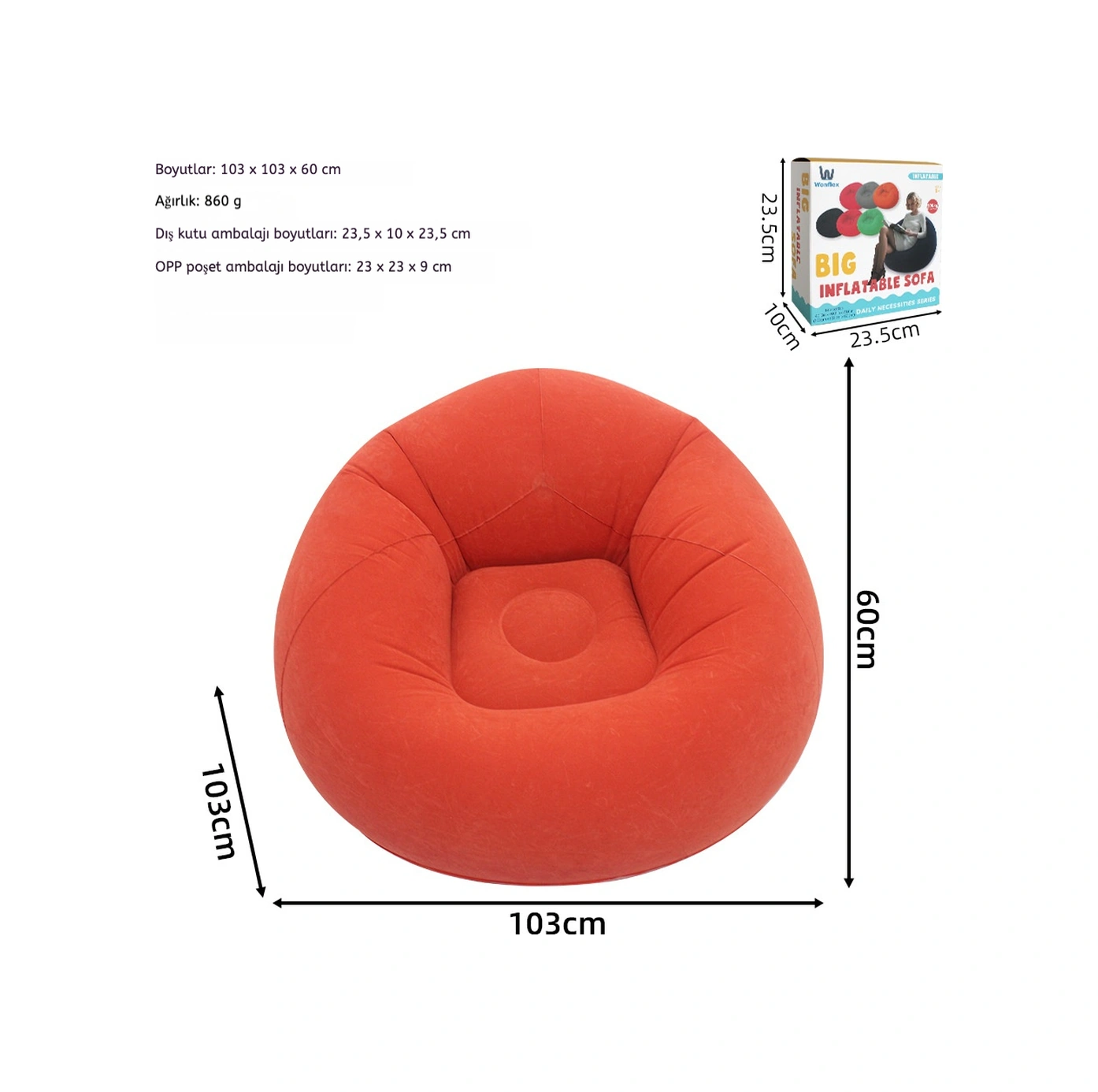Snapbuy Kadife Kaplamalı Tek Kişilik Şişme Koltuk Turuncu