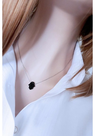 Siyah Pırıltılı Reçine Taşlı El Yapımı Fatma Eli Kolye 925 Ayar Gümüş Rodyum Kaplama Gümüş - Rodyum