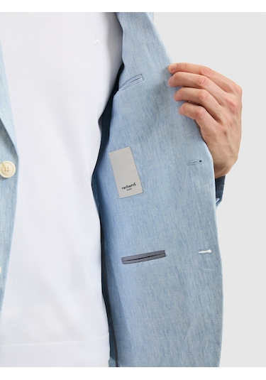 Cacharel Açık Mavi Slim Fit %100 Keten Mikro Desen Mono Yaka Ceket Denim