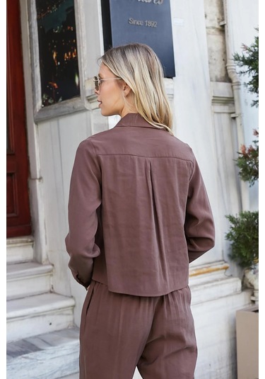 Kadın Likrasız Modal Kumaş Uzun Kol Hafif Kısa Gömlek-kahve Kahve