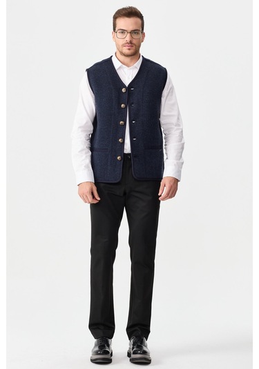 Erkek V Yaka Keçe Aksesuarlı Pike Dokuma Yün Yelek K.lacivert K.lacivert