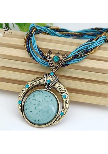 El Dokuması Bohem Pirinç Boncuklu Retro Etnik Tarzda Yuvarlak Değerli Taş Kolye Mavi
