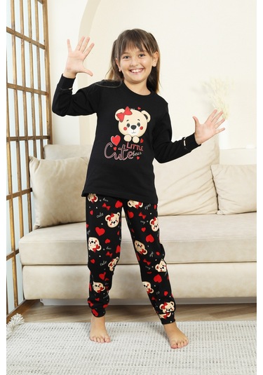 Kız Çocuk Ayıcık Baskılı %100 Pamuk İnterlok Kumaş Pijama Takımı 12347 Siyah