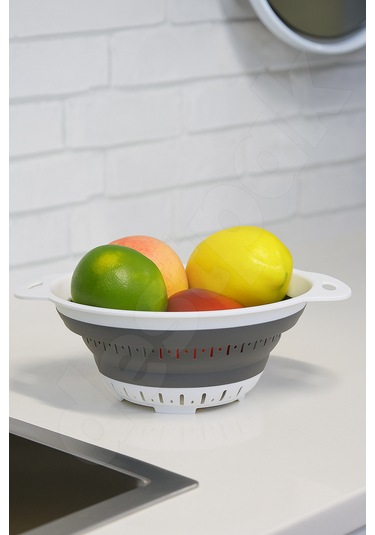 Yer Kaplamaz Katlanır Yuvarlak Süzgeç - Katlanabilir Yuvarlak Yıkama Süzgeci - Akordiyon Süzgeç Beyaz - Gri