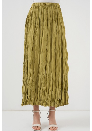Kadın Uzun Kırışık Etek 8042 - E.yeşil Yeşil