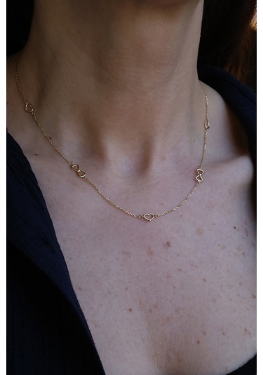 14 Ayar Altın Sıralı Kalp Ve Kurdeleli Kolye Sarı Altın