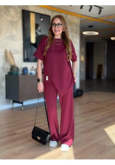 Ahes Shopping Kadın Kısa Kollu Bisiklet Yaka Asimetrik Viskon Iki Iplik Bluz Ve Pantolon Ikili Takım Bordo