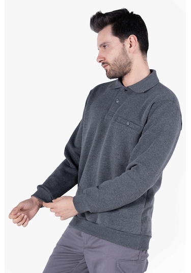 3 İplik Polo Yaka Fleto Cepli Sweatshirt Antrasit Melanj