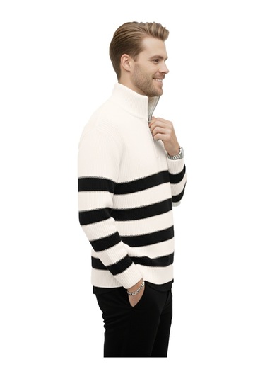 Deepsea Erkek Ekru Yarım Fermuarlı Oversize Kesim Triko Kazak Pamuklu Yumuşak Örgü Çizgili Kazak 2608513 Ekru