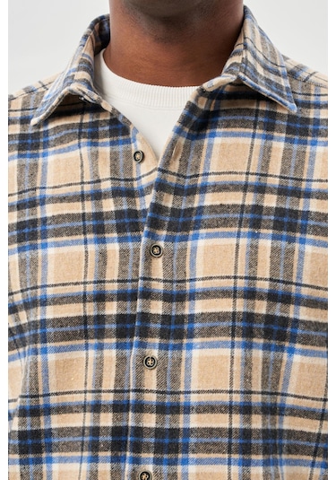 Bej Yünlü Ekose Desen Yumuşak Yaka Cepsiz Uzun Kol Casual Comfort Fit Gömlek 1004245227 Bej