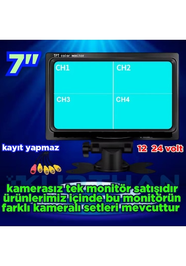 Kayıtsız 4 Kanallı 7 İnç Monitör 12 24 Volt Kamerasız