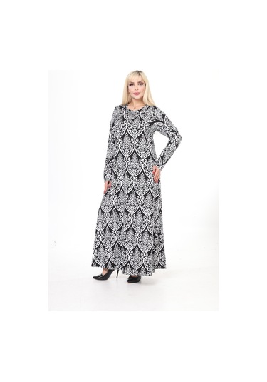 Kadın Büyük Beden Yumuşak Dokulu Otantik Desenli Elbise Beyaz