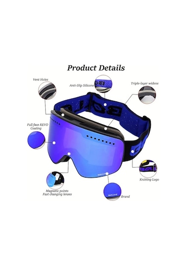 Oldfriend Pembe Çerçeveli Mavi Lens Manyetik Çift Kat Kayak Gözlüğü Anti Fog Snowboard
