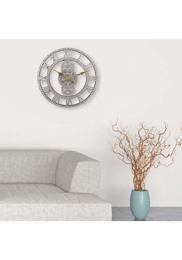 Homyl 12 Inç Dekoratif Kuvars Yuvarlak Saatler Dış Duvar Saati Gümüş