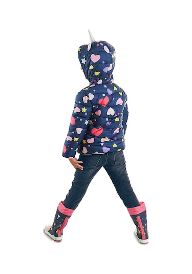 Denokids Unicorn Kız Çocuk Su İtici Kapüşonlu Şişme Mont Lacivert Çok Renkli