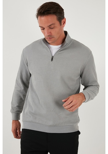 Buratti Pamuklu Regular Fit Yarım Fermuarlı Dik Yaka Erkek Sweat 5905716 Gri