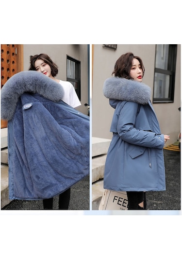 Snapbuy Kalın, Yumuşak Dolgulu, Midi Boy, Kapüşonlu, Kürk Detaylı Kadın Mont Mavi