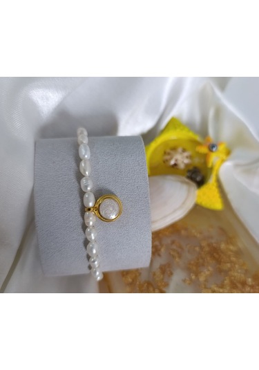 Sedef Dolgulu Altın Kaplama Gerçek İnci Tasarım Bileklik El Yapımı Gold