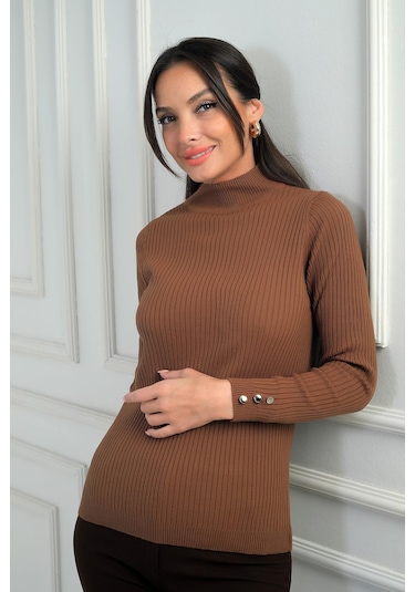 By Saygı Kadın Balıkçı Yaka Basic Fitilli Kolları Düğme Detaylı Kazak-41792 CAMEL