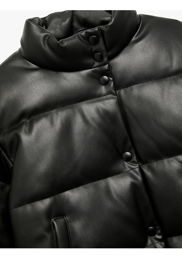 Koton Dik Yaka Cepli Uzun Kollu Suni Deri Şişme Mont Siyah 6wkg20022aw Siyah