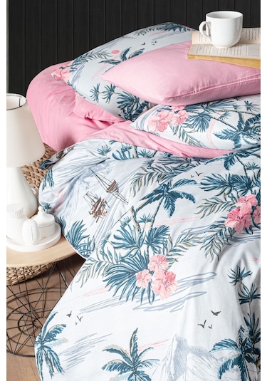 Mystory Home Lastikli Çarşaflı Çift Kişilik Nevresim Takımı Palmiye Mavi - Pudra