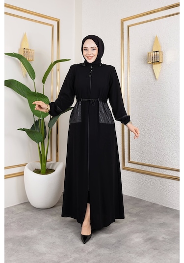 Nevayla Moda Cep Detaylı Bağlamalı Ferace - Siyah / F0138 Siyah