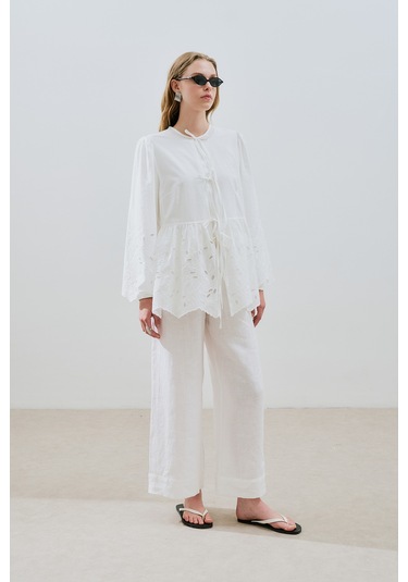 Bağlamalı Nakışlı Tunik Ekru Ekru