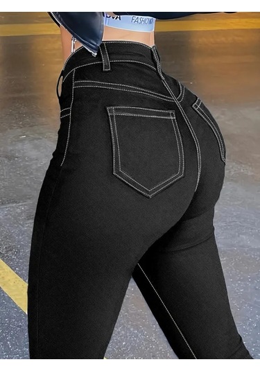 Modaserdem Kadın Yüksek Bel Önden Düğmeli Dar Kesim Kot Pantolon Siyah