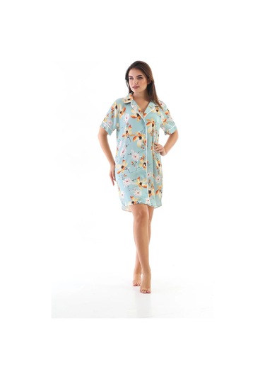 Laperissa Kadın Çiçek Desenli Saten Dokuma Düğmeli Gömlek Gecelik Çok Renkli