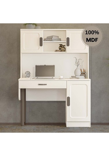 Manolya Mdf Kitaplıklı Dolaplı Çalışma Masası Krem