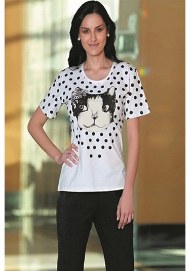 Berrak Kedi Baskılı Bayan Kaprili Takım 2465 Beyaz