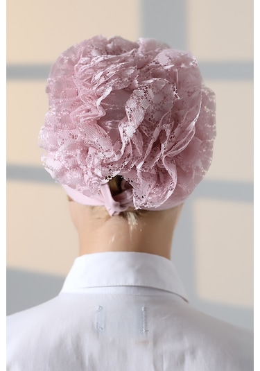 Kadın Fırfırlı Güpürlü Tesettür Topuz Bone - Pembe Pembe