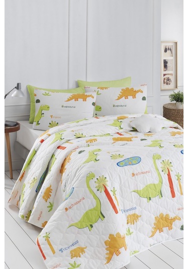 Eponj Home Enlora %100 Doğal Pamuk Kapitoneli Yatak Örtüsü Seti Çift Kişilik Dinolar Beyaz