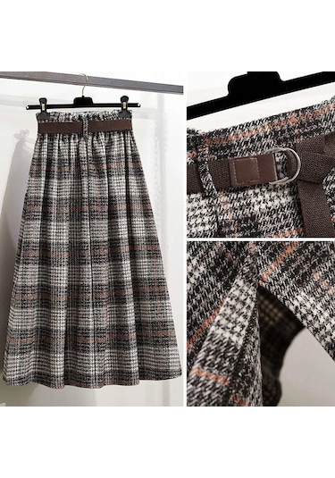 Sonbahar Ve Kış Kadın Etek Yüksek Bel A-line Etek Vintage Ekose Elastik Bel Yün Ekose Etek Haki