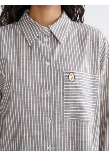 LC Waikiki Kahverengi Çizgili Oversize Poplin Kadın Gömlek Tunik