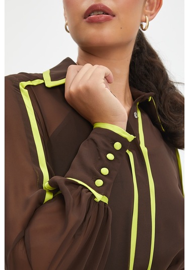 Şifon Ve Bağcıklı Midi Boy Elbise - Kontrast Şerit Detaylı - Günlük Ve Özel Günlük Şıklık Kahve