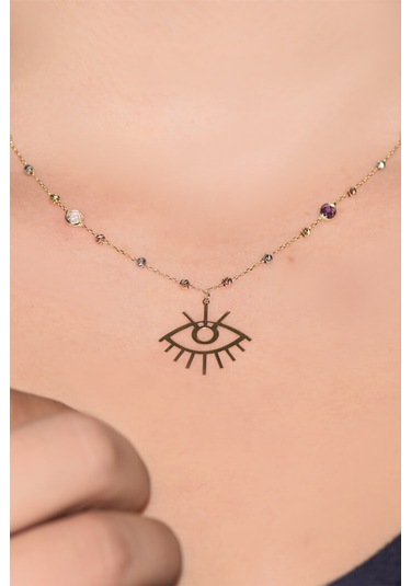 Renkli Taşlı Markiz Göz Altın Kolye