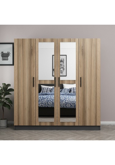 Minar Kale 4 Kapaklı 2 Aynalı 2 Çekmeceli Dolap Antrasit Dore 210cm Çok Renkli