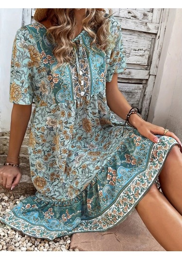 Kadın Kısa Kollu Yakası Bağcıklı Önden Düğmeli Fırfır Desenli Süprem Elbise Mavi